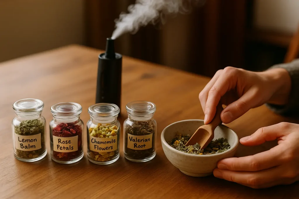 Health Embassy herbal blends for vaporization displayed in bowls, showcasing dried herbs like lemon balm, valerian root, and rose petals.
