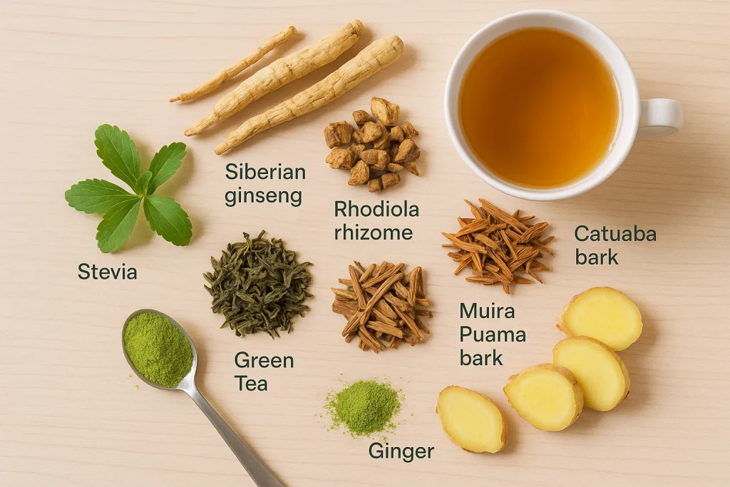 Herbs for energy from Health Embassy including Siberian ginseng, Rhodiola, Catuaba, Muira Puama, Stevia.