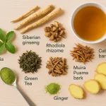 Herbs for energy from Health Embassy including Siberian ginseng, Rhodiola, Catuaba, Muira Puama, Stevia.