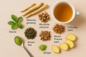 Herbs for energy from Health Embassy including Siberian ginseng, Rhodiola, Catuaba, Muira Puama, Stevia.