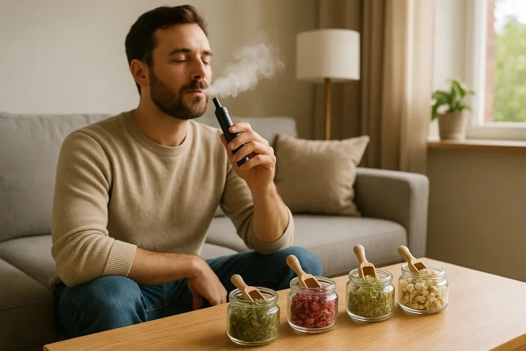 Man vaporising herbs with Health Embassy organic herbal vaporiser, demonstrating safe and natural herbal vaporization