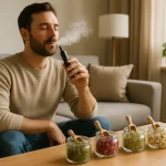 Man vaporising herbs with Health Embassy organic herbal vaporiser, demonstrating safe and natural herbal vaporization