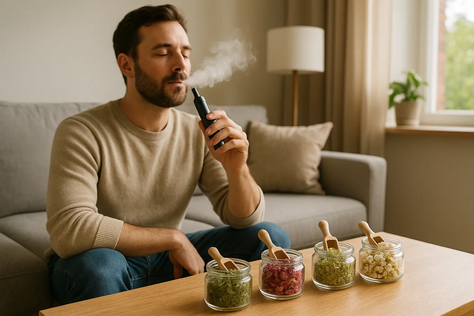 Man vaporising herbs with Health Embassy organic herbal vaporiser, demonstrating safe and natural herbal vaporization