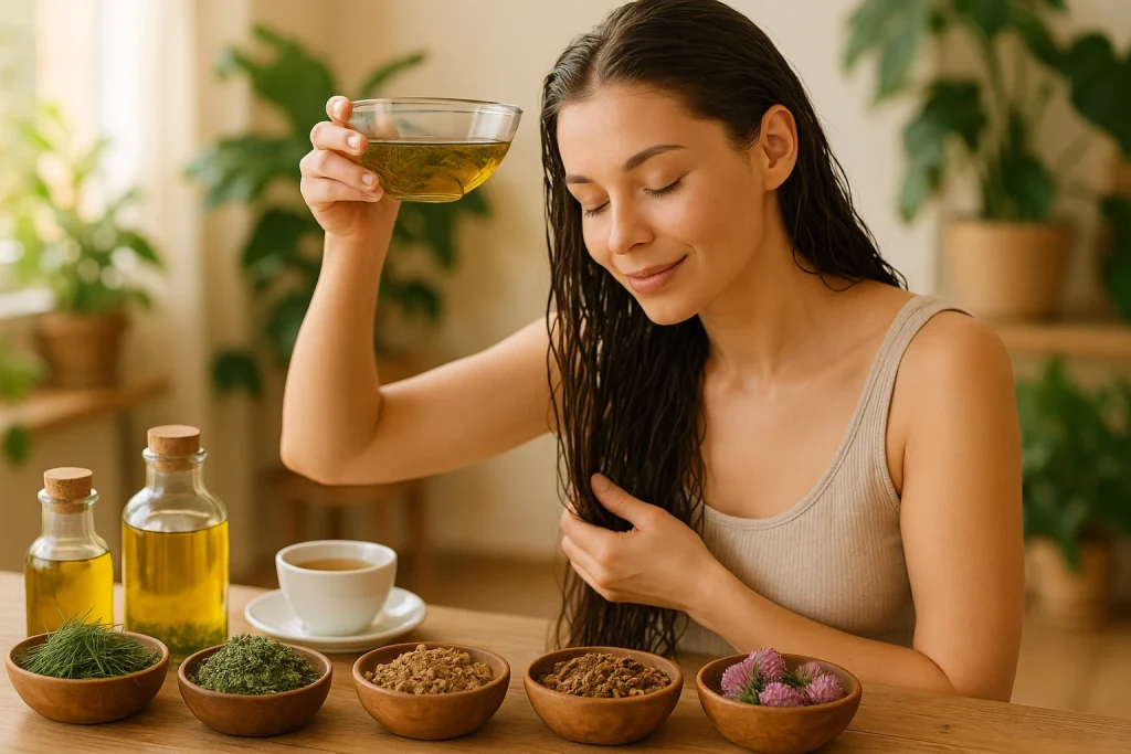 Woman applying herbal treatment with best herbs from Health Embassy for natural hair care