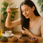 Woman applying herbal treatment with best herbs from Health Embassy for natural hair care