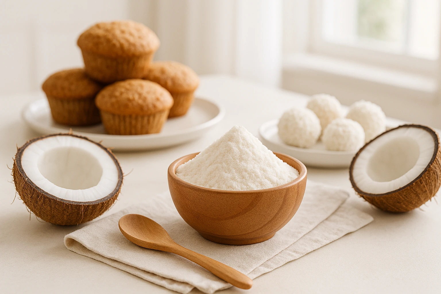 Health Embassy Coconut Baking Flour with muffins and sweets made from coconut flour.