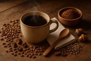 Health Embassy coffee substitute brewed in a cup, ready to drink.