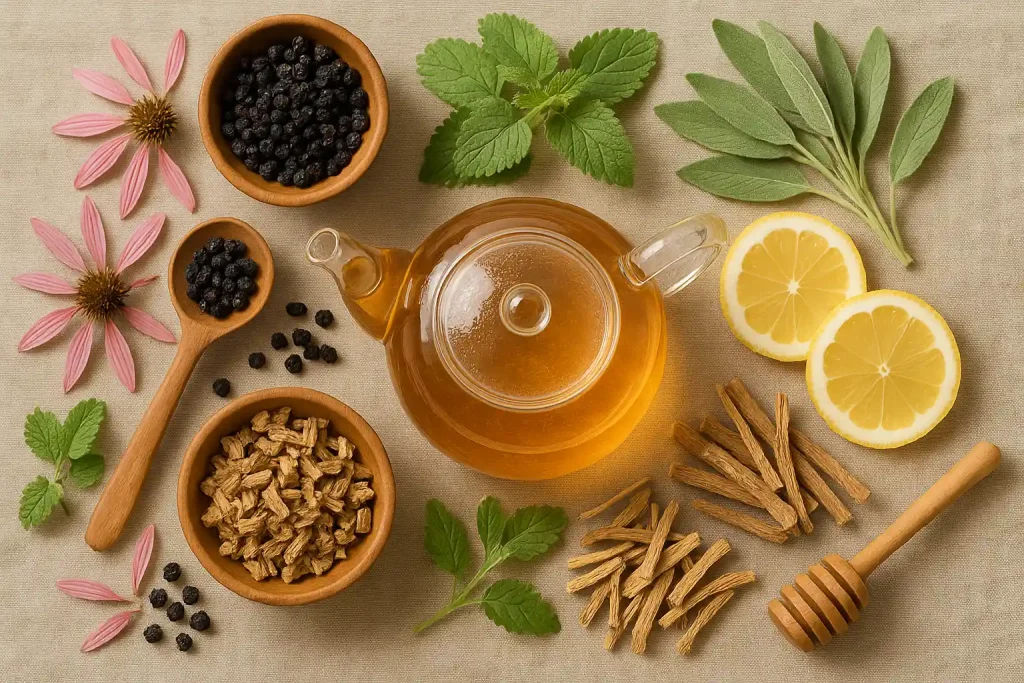 Brewed herbal tea with assorted immunity-boosting herbs for immunity on the table for Health Embassy blog.