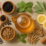 Brewed herbal tea with assorted immunity-boosting herbs for immunity on the table for Health Embassy blog.