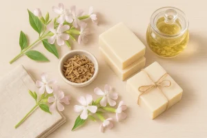 Health Embassy Soapwort (Saponaria officinalis) plant with handmade soap bars and natural washing oil.