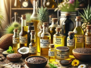 Dark glass bottles of fresh cold-pressed oils from Health Embassy, including hemp seed, evening primrose, flaxseed, and nigella sativa oils, displayed on a wooden surface