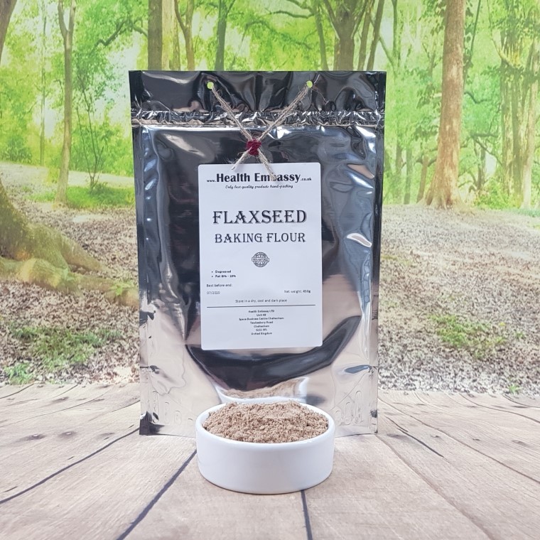 Front view of Health Embassy Flaxseed Baking Flour packaged in a branded bag