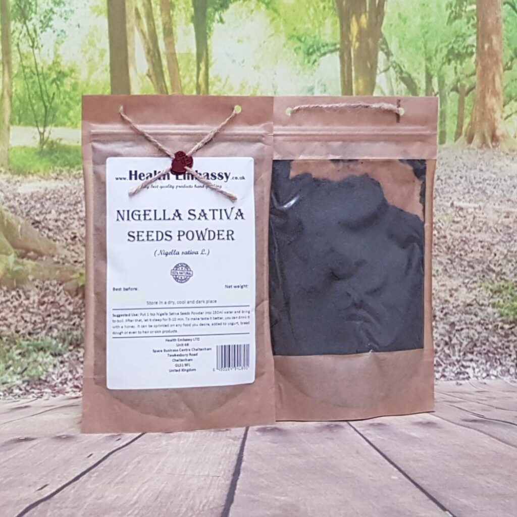 Organic Nigella Sativa Seeds Powder in Health Embassy resealable brown bag