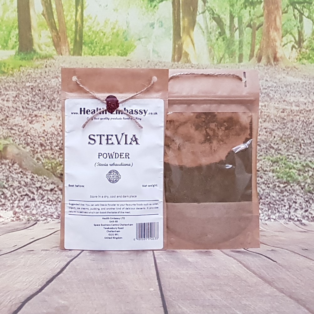 Pure Stevia Powder in kraft bag on wooden surface with green background – Health Embassy