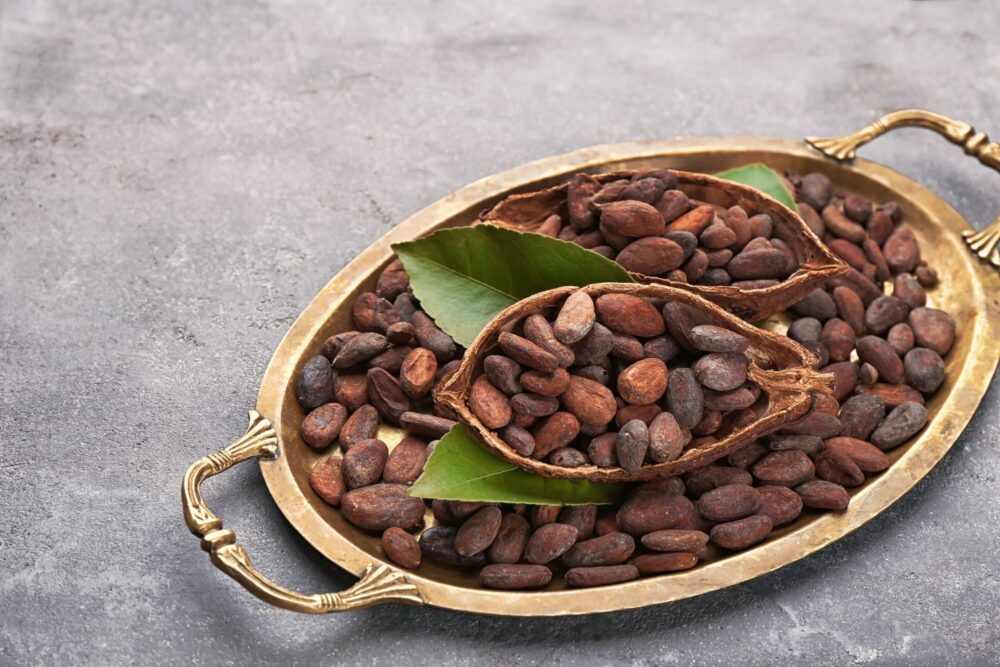 Cocoa beans in a wooden bowl.