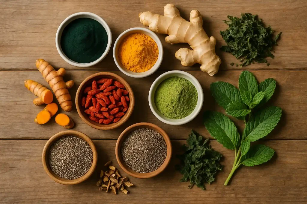 Assorted natural superfoods and herbs including ginger, turmeric, goji berries, spirulina, chia seeds, nettle, and fresh mint leaves on a wooden background