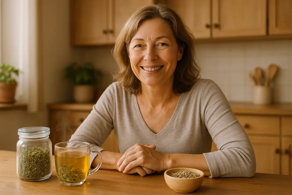 Image of a woman showcasing herbal wellness products, including teas, seeds, flours, and powders, offered by Health Embassy.