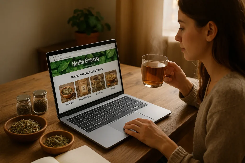 Woman browsing Health Embassy herbal teas online, exploring different tea blends.
