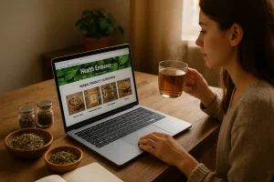Woman browsing Health Embassy herbal teas online, exploring different tea blends.