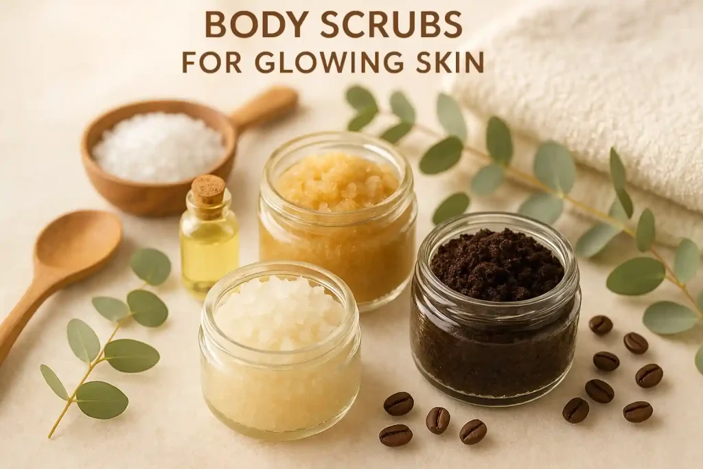 Natural body scrubs in small bowls with sugar, salt, and coffee grounds for exfoliating and moisturizing skin