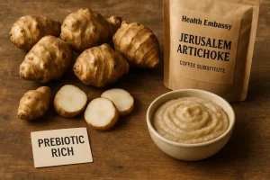 Jerusalem Artichoke root next to Health Embassy Jerusalem Artichoke Coffee Substitute in a bowl and sachet.