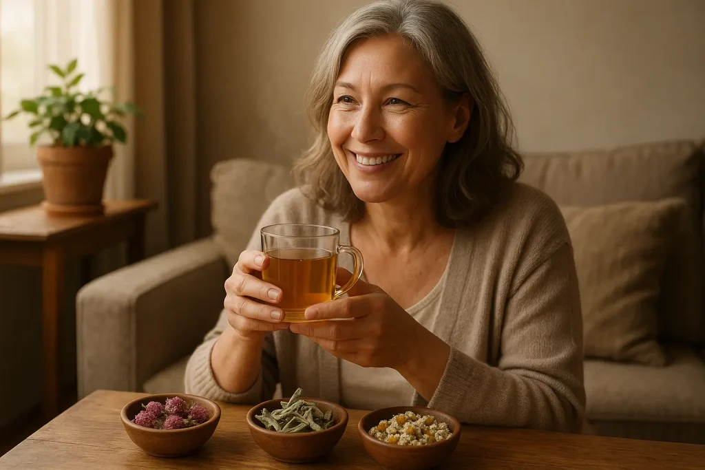 Woman relaxing with a cup of Health Embassy herbal remedies for menopause, symbolising natural support and comfort during menopause.