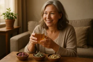 Woman relaxing with a cup of Health Embassy herbal remedies for menopause, symbolising natural support and comfort during menopause.