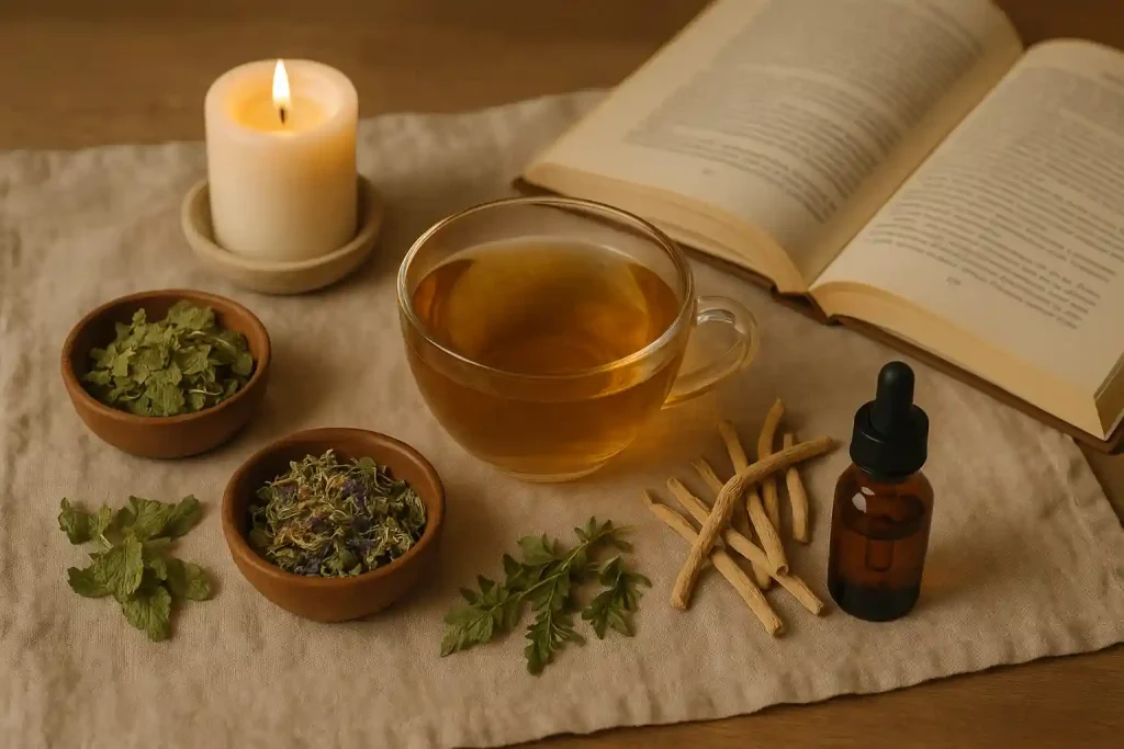 Natural remedies for stress by Health Embassy including herbal teas, hyssop, skullcap, chamomile, lavender, and essential oils