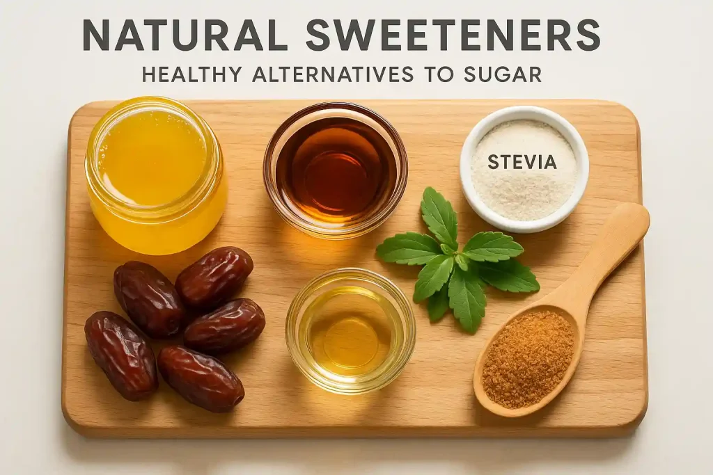Stevia Powder and natural sweeteners from Health Embassy displayed in glass jars and bowls.