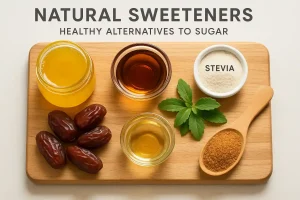 Stevia Powder and natural sweeteners from Health Embassy displayed in glass jars and bowls.