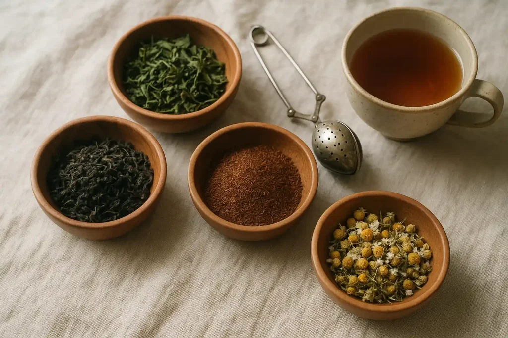 Assorted dried tea leaves including Ceylon Green Dynasty Tea, Gunpowder Green Dynasty Tea, Sencha Green Dynasty Tea, Yunnan Black Dynasty Tea, Yunnan Green Dynasty Tea, and Rooibos Red Dynasty Tea