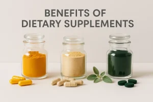 A picture of organic dietary supplements including vitamins, minerals, herbal extracts, and probiotics