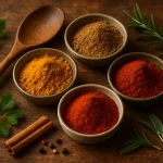 Dried natural spices from Health Embassy including thyme, nigella sativa seeds, lovage leaf, and stinging nettle leaf