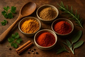 Dried natural spices from Health Embassy including thyme, nigella sativa seeds, lovage leaf, and stinging nettle leaf