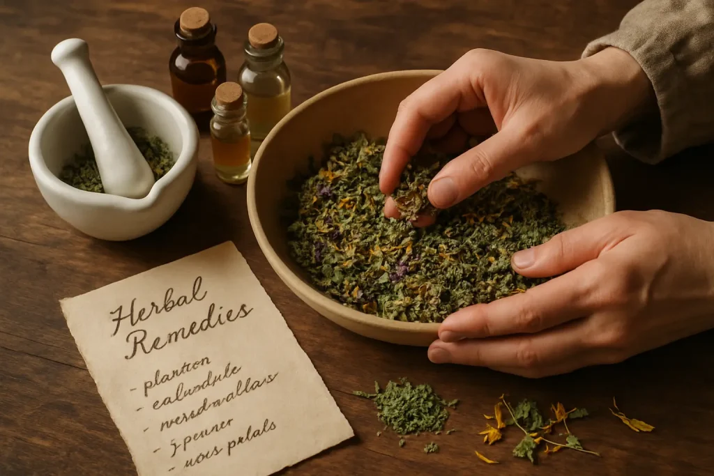 Creating Herbal Remedies with fresh herbs and a mortar and pestle