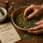 Creating Herbal Remedies with fresh herbs and a mortar and pestle