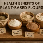 Assortment of Health Embassy plant-based flours including coconut, flaxseed, hemp, and sunflower flours in bowls and bags