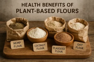 Assortment of Health Embassy plant-based flours including coconut, flaxseed, hemp, and sunflower flours in bowls and bags