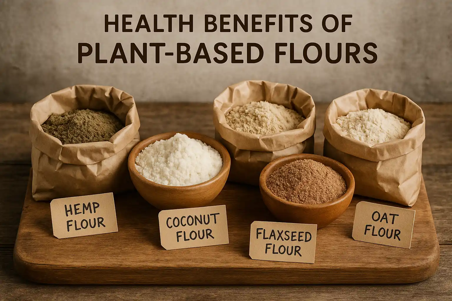 Assortment of Health Embassy plant-based flours including coconut, flaxseed, hemp, and sunflower flours in bowls and bags