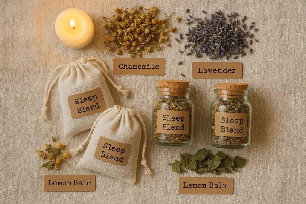 Herbal blends for better sleep with lavender, chamomile, and valerian root by Health Embassy
