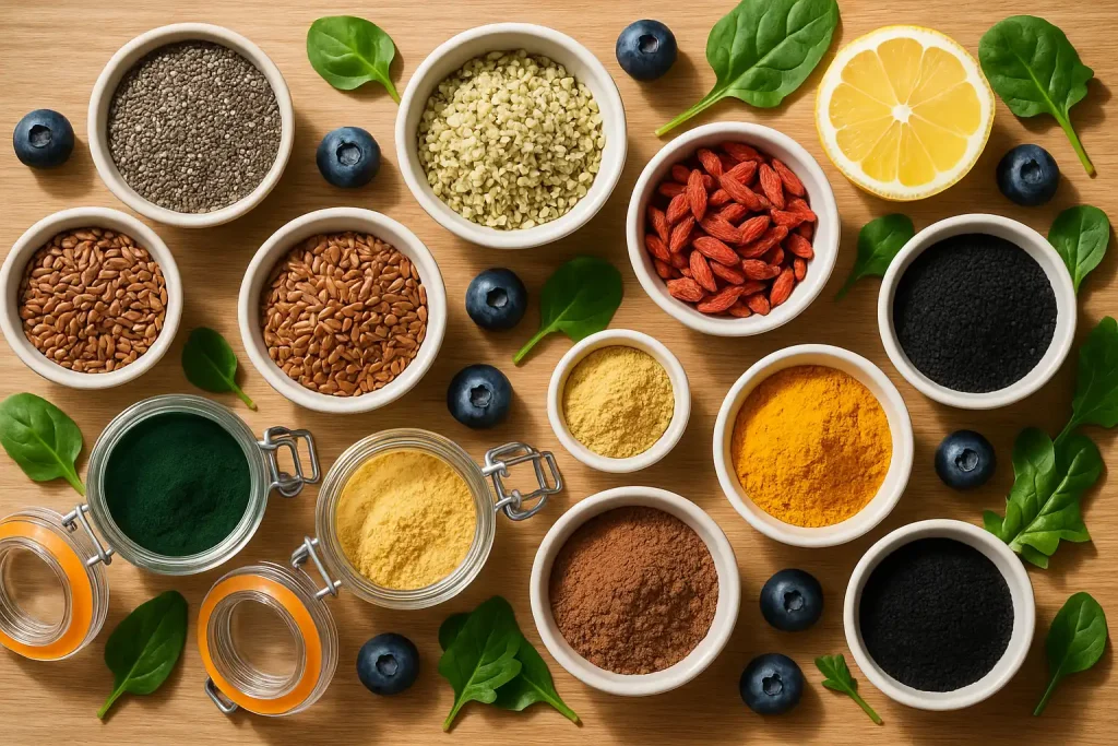 Assortment of superfoods for a balanced diet, including chia seeds, flaxseeds, goji berries, spirulina powder, and Health Embassy oils and powders arranged on a wooden table