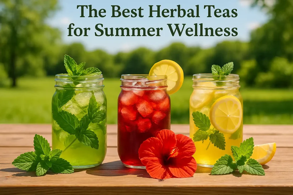 Assortment of herbal teas for summer served in clear glasses with fresh herbs by Health Embassy