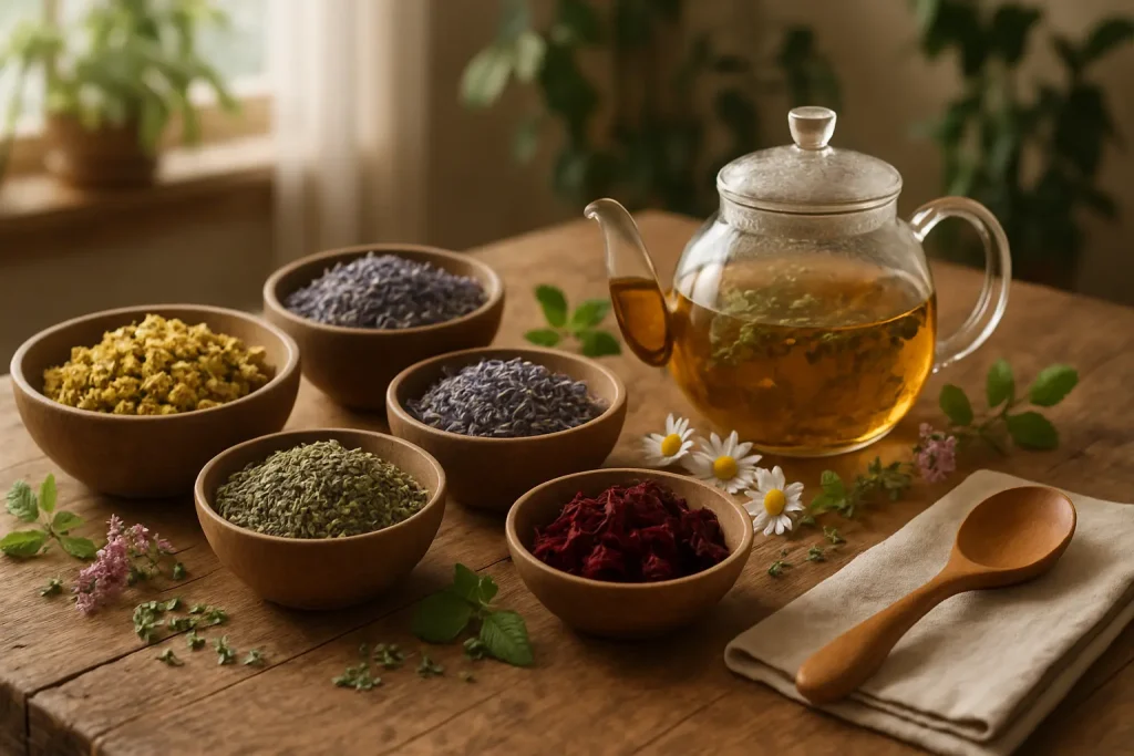 Herbal blends for well-being by Health Embassy displayed in a colorful arrangement of flowers, leaves, and roots.