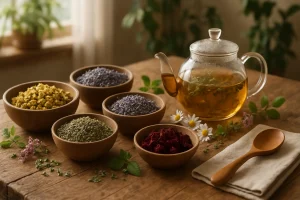 Herbal blends for well-being by Health Embassy displayed in a colorful arrangement of flowers, leaves, and roots.