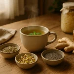 A collection of Health Embassy's dried herbal remedies for digestive health, including peppermint leaf, chamomile flowers, and licorice root