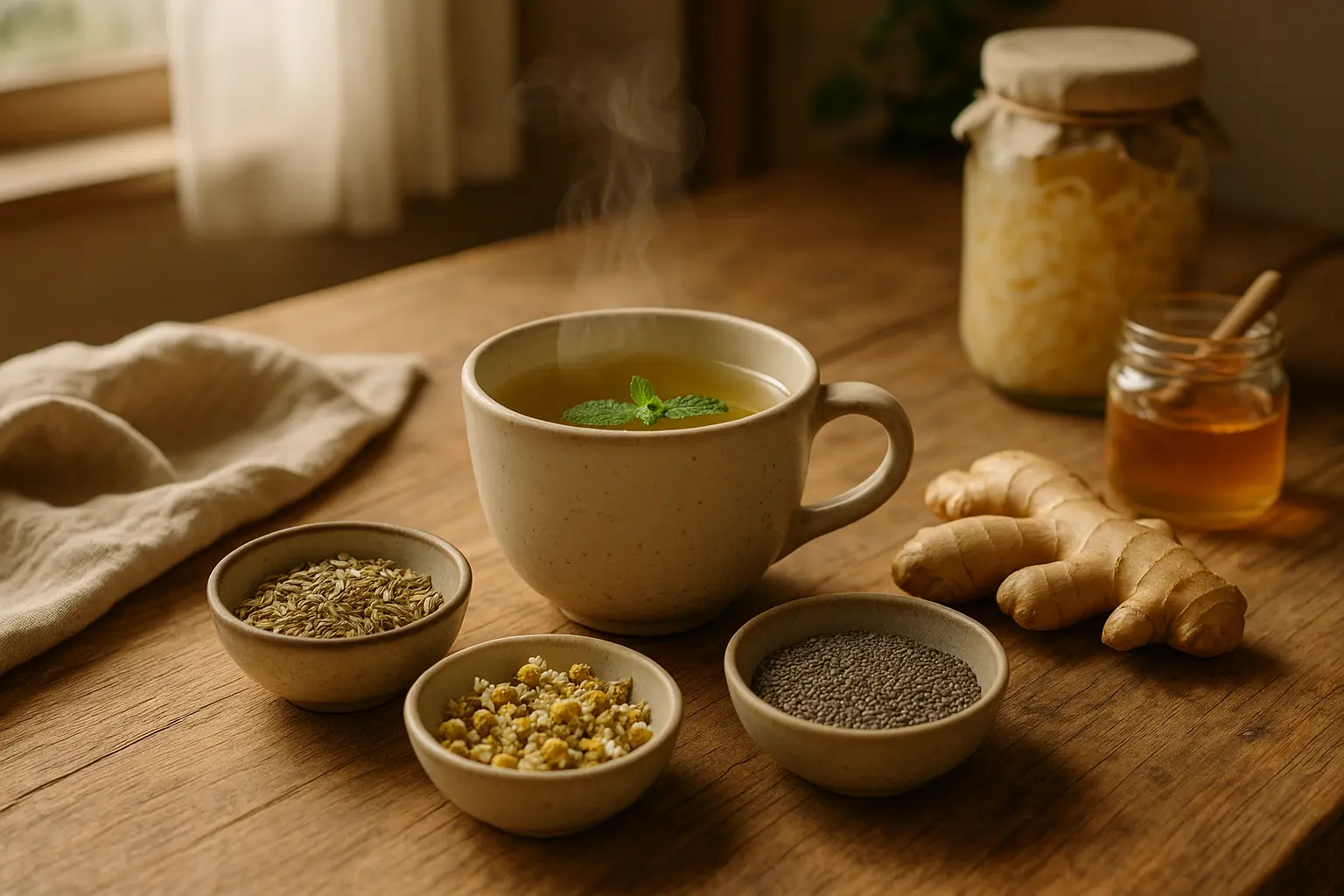 A collection of Health Embassy's dried herbal remedies for digestive health, including peppermint leaf, chamomile flowers, and licorice root
