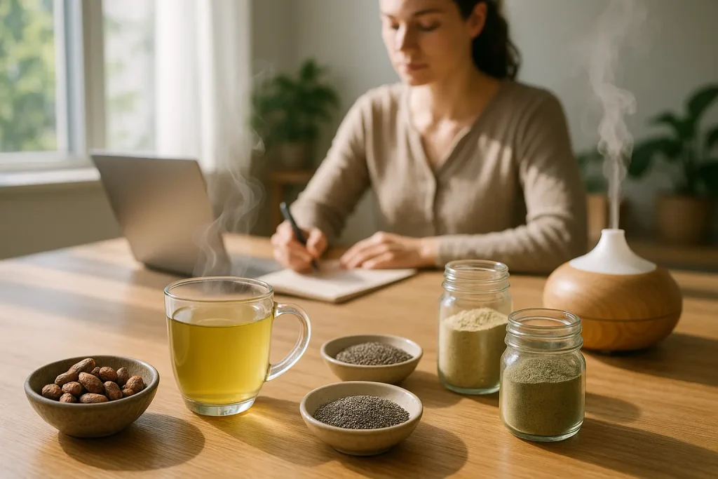 Natural remedies for fatigue including Rhodiola Rhizome, Catuaba Bark, Greek Mountain Tea, Ginkgo Biloba Leaf, Nigella Sativa Seeds, Hemp Seeds Oil, and Barley Grass Powder from Health Embassy.