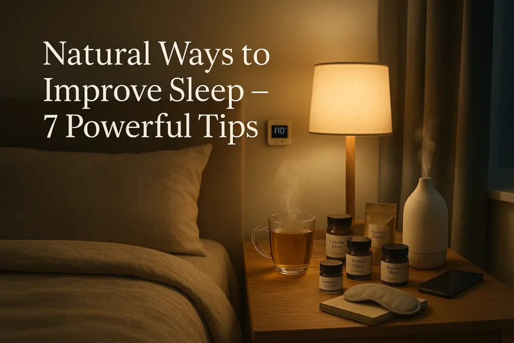 Cozy bedroom with a neatly made bed surrounded by natural remedies like herbal teas, essential oils, and calming plants, illustrating natural ways to improve sleep with Health Embassy products