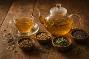 A colorful herbal infusion featuring the best herbs for reducing stress, including chamomile, lavender, and peppermint, with Health Embassy branding.