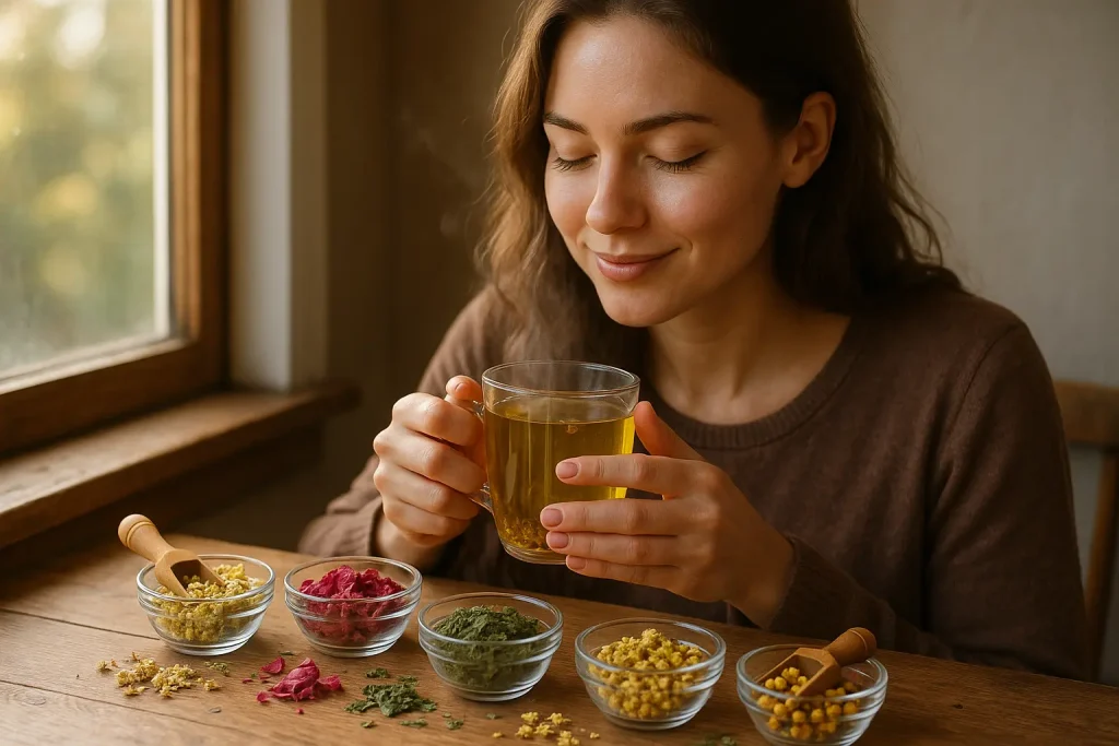 Woman enjoying a cup of herbal teas for a better day by Health Embassy, surrounded by chamomile, lavender, peppermint, and rhodiola herbs.